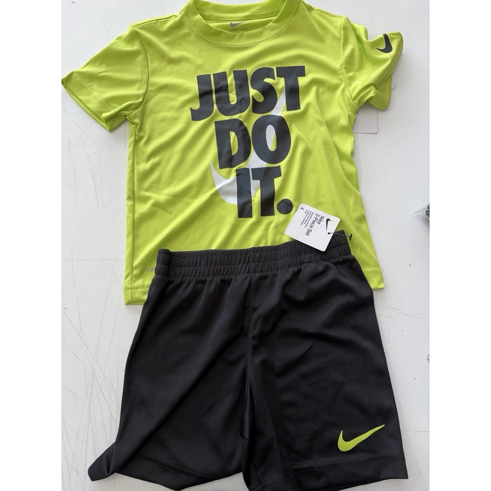 Nike Just Do It Neon Yellow Logo Tee & Black Shorts Set Sz 4 XS Boys NWT